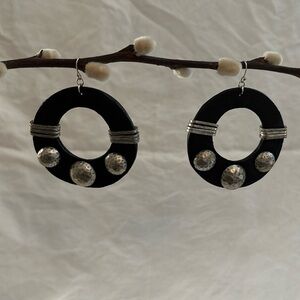 Black Leather and Silver Metal Earrings